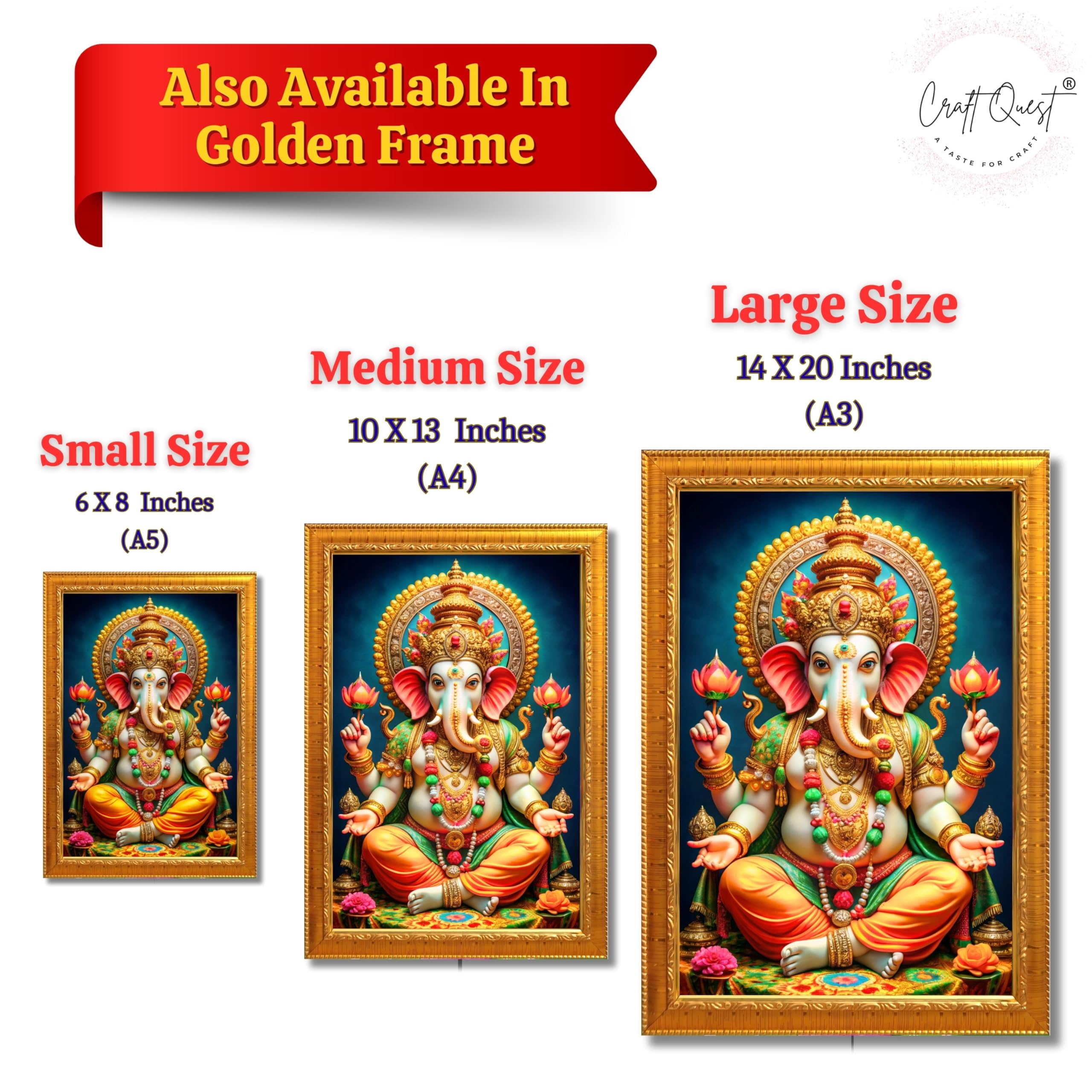 CRAFT QUEST Lord Ganpati Ji Laminated God Photo Frame Wall Decor Mandir Pooja Poster Religious Painting Divine Hindu Temple Decoration Spiritual Blessings Home Office Gift