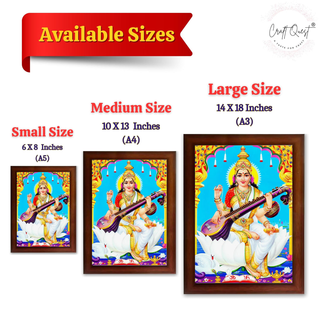 CRAFT QUEST Saraswati Devi Goddess Saraswathi Maa Wall Painting Sparkle Coated Framed Home Décor Synthetic wood Frame