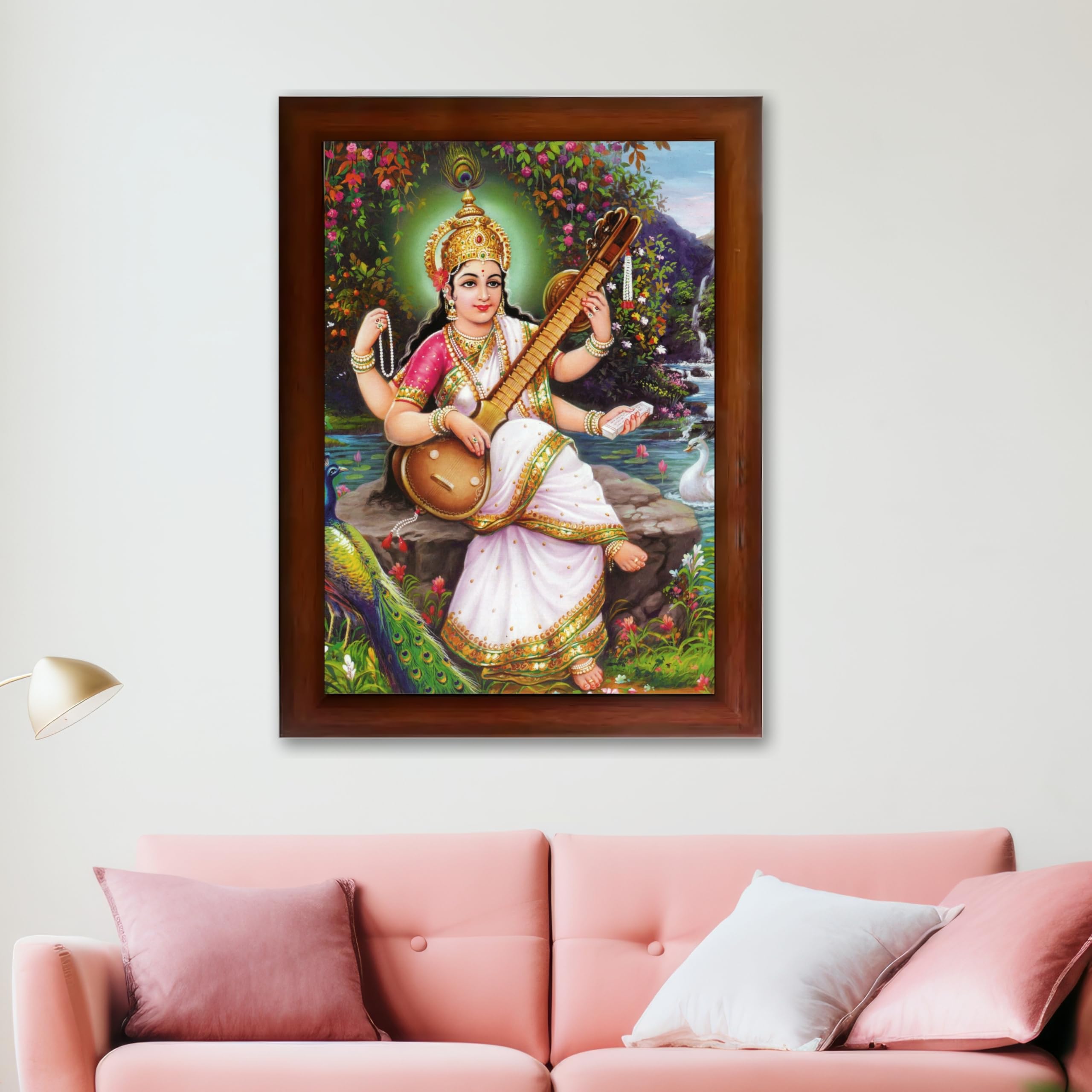 CRAFT QUEST Saraswati Devi Goddess Saraswathi Maa Wall Painting Framed Home Décor Synthetic wooden Framed