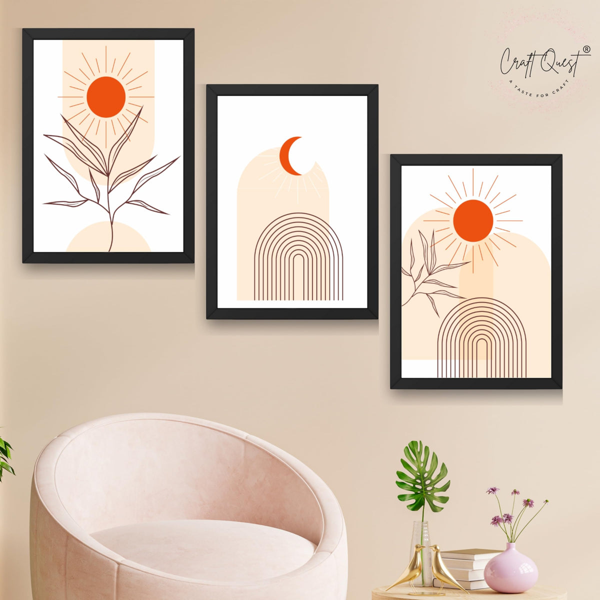CRAFT QUEST Wall Art Decor Paintings | Set of 3 BOHO Wall Art Frames for Home Decoration | Ideal for Living Room, Bedroom & Office