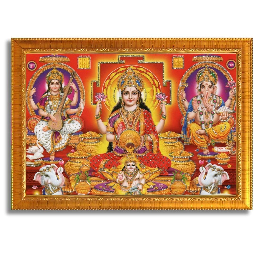 CRAFT QUEST Lakshmi Devi with Kuber Ji, Ganesh ji, Saraswati maa Wall Painting Frame Home Decor (Synthetic, Sparkle Finish, Golden, Small Size, 8 X 6 Inch)