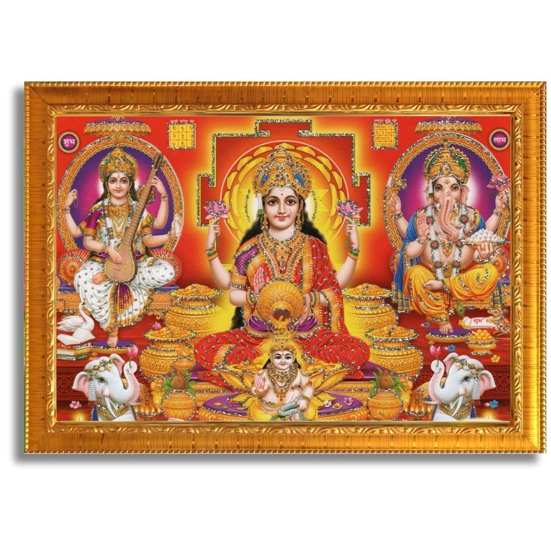 CRAFT QUEST Lakshmi Devi with Kuber Ji, Ganesh ji, Saraswati maa Wall Painting Frame Home Decor (Synthetic, Sparkle Finish, Golden, Small Size, 8 X 6 Inch)
