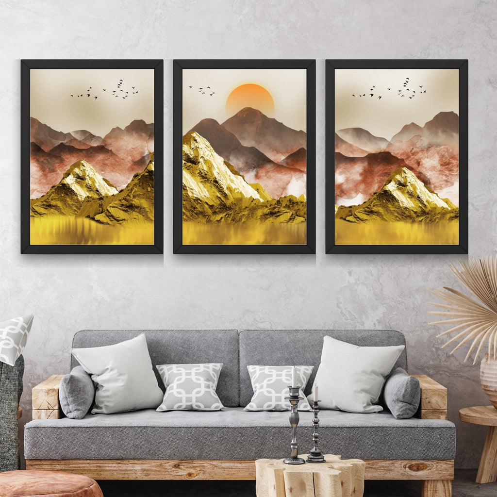 CRAFT QUEST Modern Art Mural Landscape Golden Mountains & Birds Wall Art | Set of 3 Frames for Home Decoration | Ideal for Living Room, Bedroom & Offices