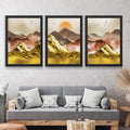 CRAFT QUEST Modern Art Mural Landscape Golden Mountains & Birds Wall Art | Set of 3 Frames for Home Decoration | Ideal for Living Room, Bedroom & Offices