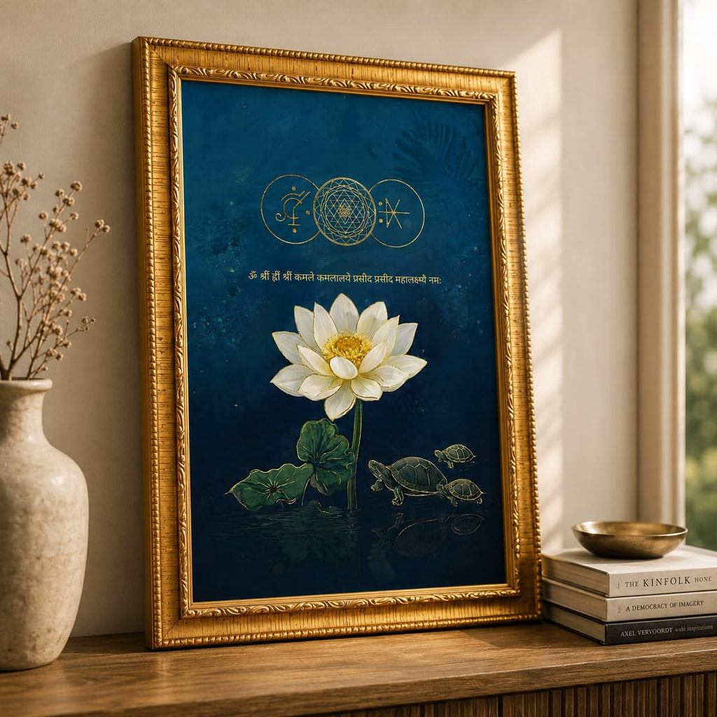 CRAFT QUEST Shree Yantra Wealth Attraction Wall Art with Lakshmi Lotus & Tortoise – Vastu Energy Poster for Prosperity, Money Flow & Stability Photo Frame for Home, Office (Golen, 10 X 13 Inches)