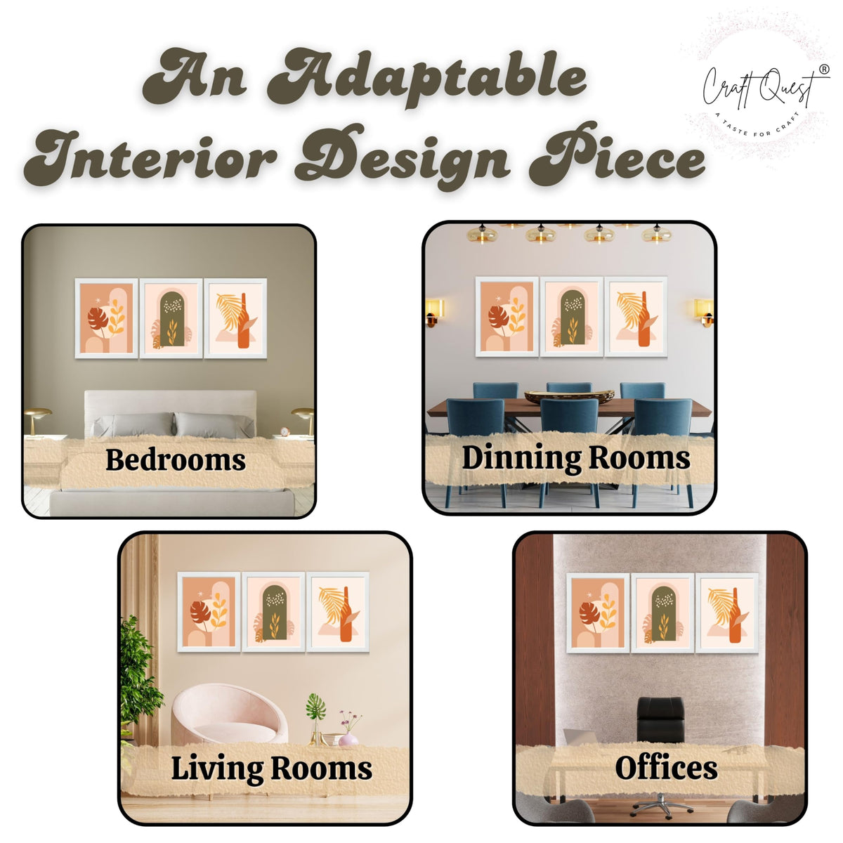 CRAFT QUEST Wall Art Decor Paintings | Set of 3 BOHO Wall Art Frames for Home Decoration | Ideal for Living Room, Offices & Bedrooms