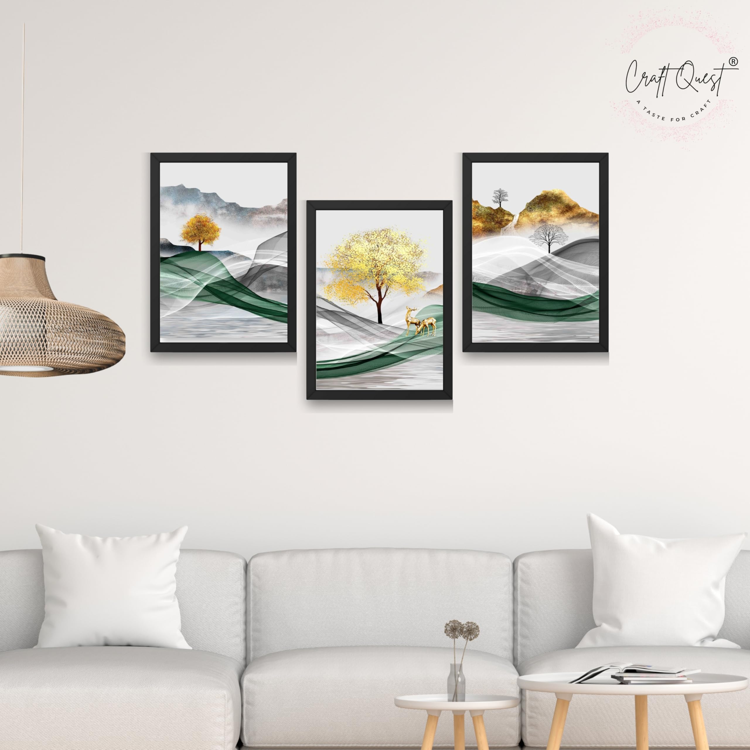 CRAFT QUEST Modern Art Landscapes Abstract Of Moose Golden Mural Wall Art | Set of 3 Frames for Home Decoration | Ideal for Living Room, Bedroom & Offices