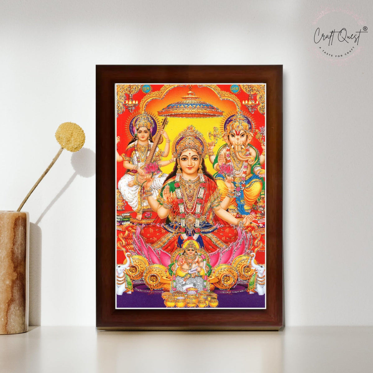 CRAFT QUEST Goddess Laxmi Ganesh Saraswati Religious God Hindu Photo Frame for Diwali,Temple, Pooja, Living Room Home and Decor Item
