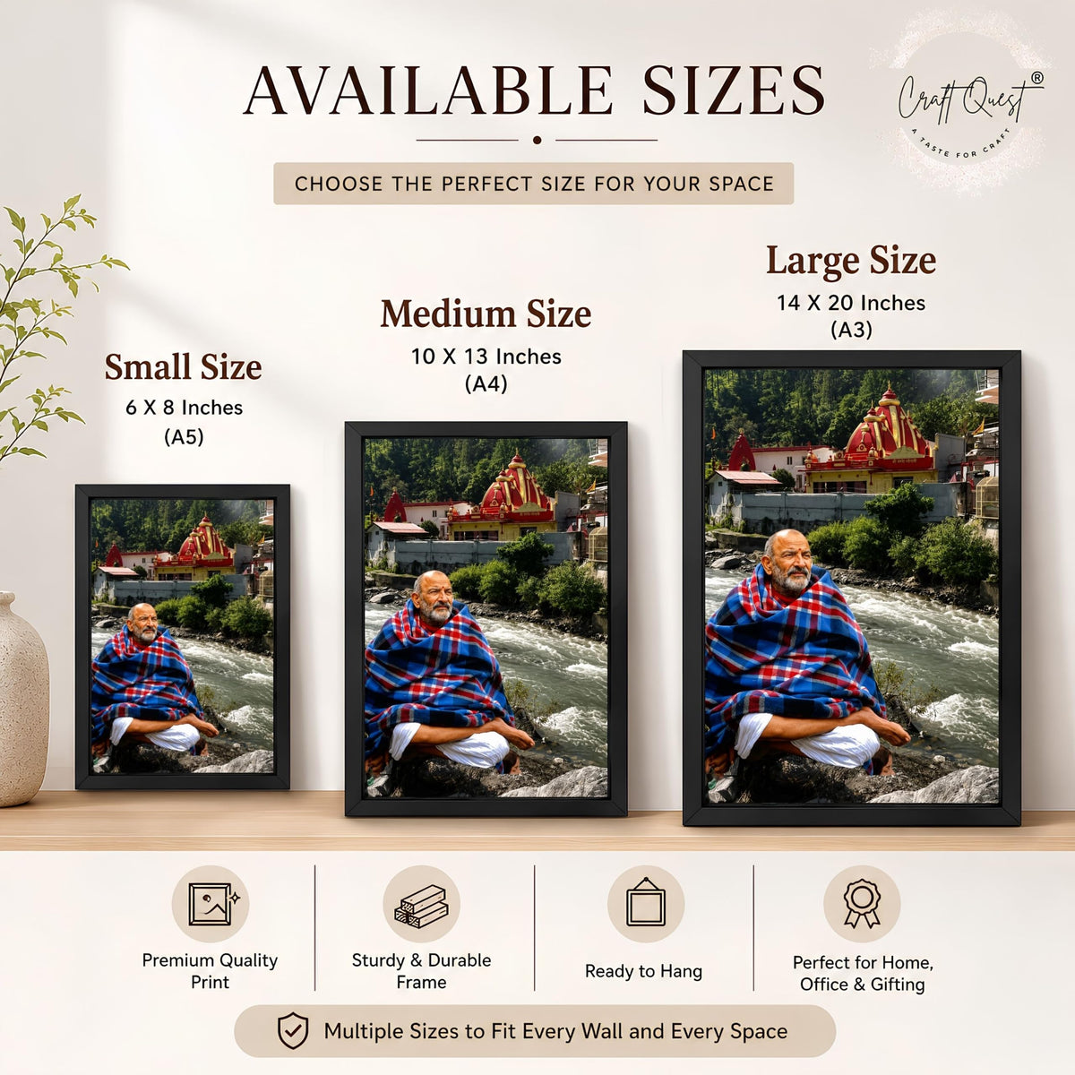 CRAFT QUEST Neem Karoli Baba Maharaj Ji Smiling Portrait Photo Frame for Wall | Spiritual Guru Religious Wall Art | Devotional Photo for Home, Mandir, Puja Room & Gifting