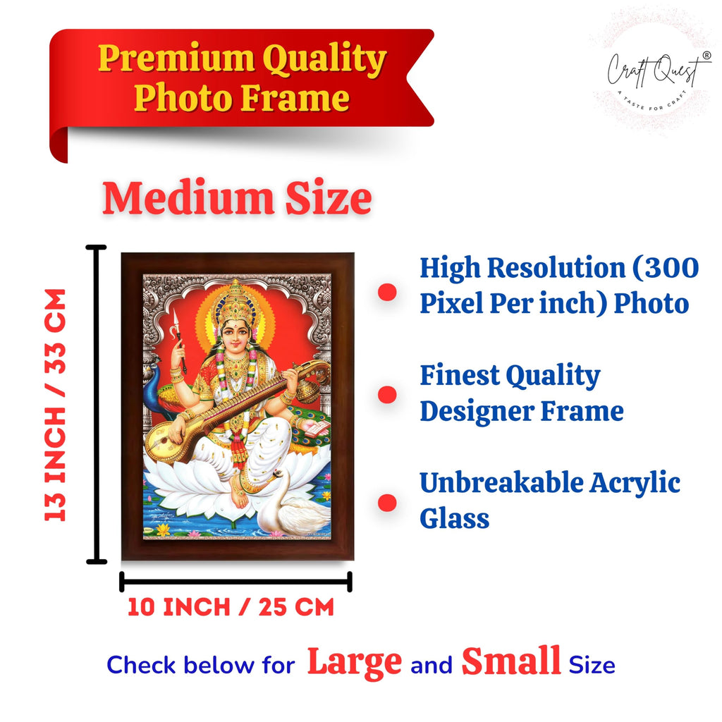 CRAFT QUEST Saraswati Devi Goddess Saraswathi Maa Wall Painting Sparkle Coated Framed Home Décor Synthetic wooden Frame