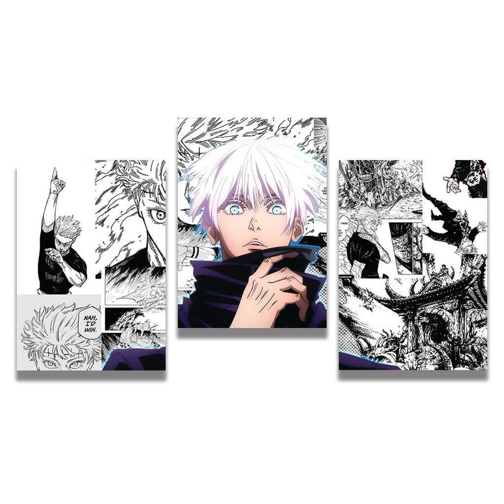 zenithink Gojo Jujutsu Kaisen Wall Poster Pack Of 3-A4 Size, 300 GSM Included Glue Dots, Paper Home Decor Art Poster For Bedroom, Living room, Office, No Frame