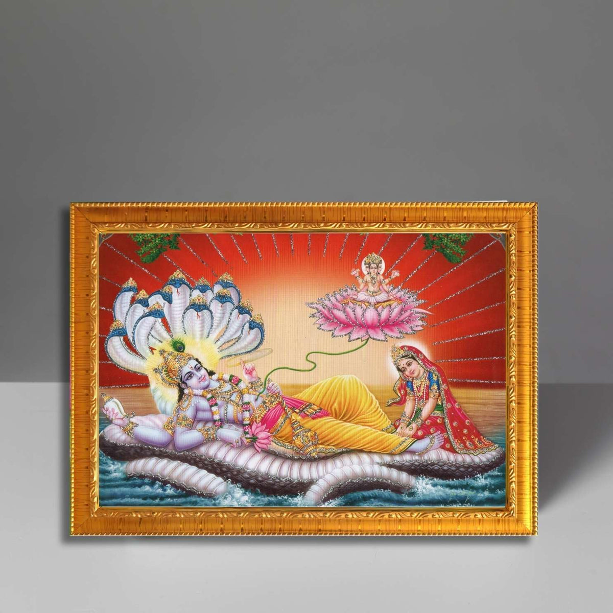 CRAFT QUEST Lord Vishnu and Goddess Lakshmi Giving Blessing on Shesh naag, landscape Glitter Painting with Golden Frame (6 X 8 Inches, Synthetic)