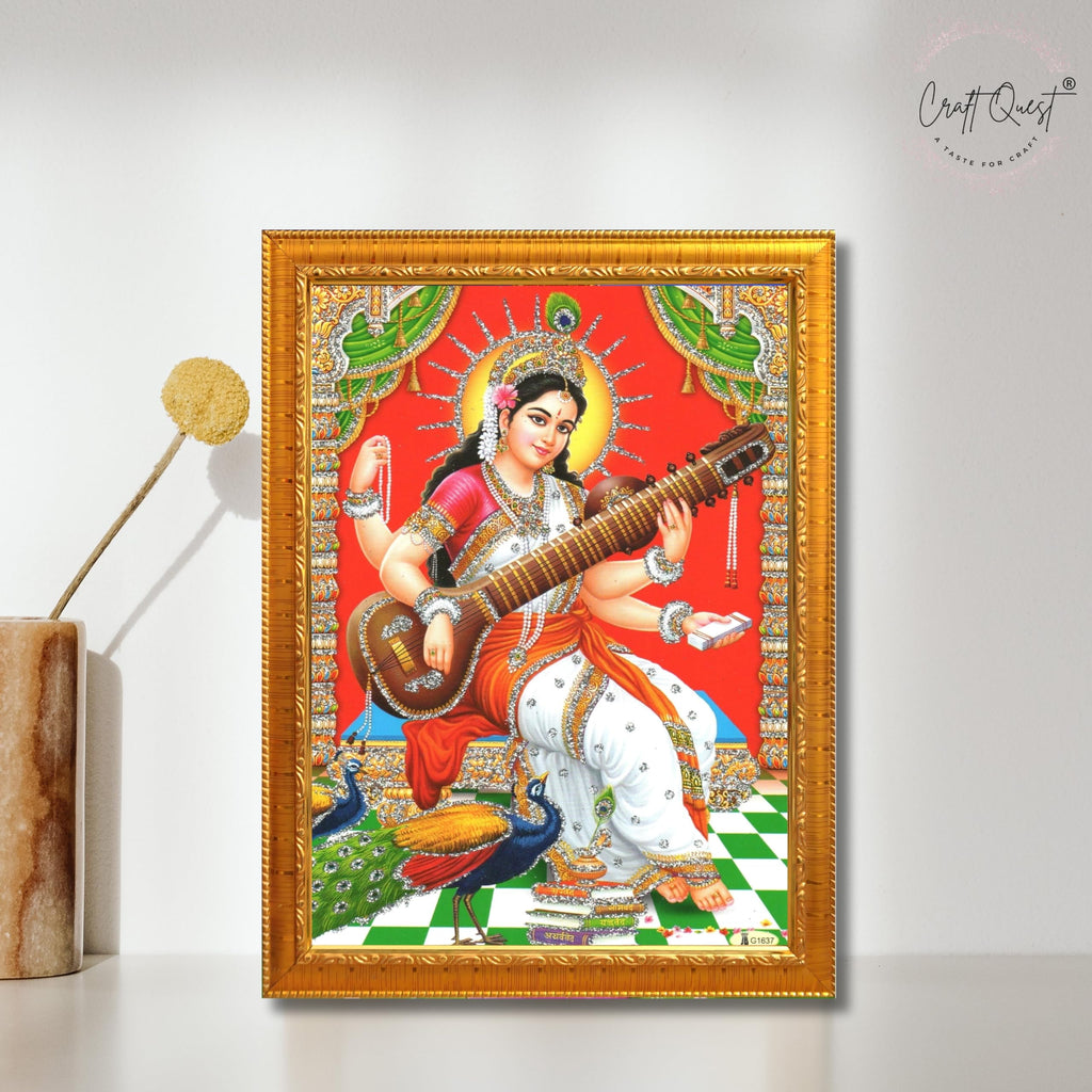 CRAFT QUEST Saraswati Devi Goddess Saraswati Maa Wall Painting Framed Home Decor wooden frame