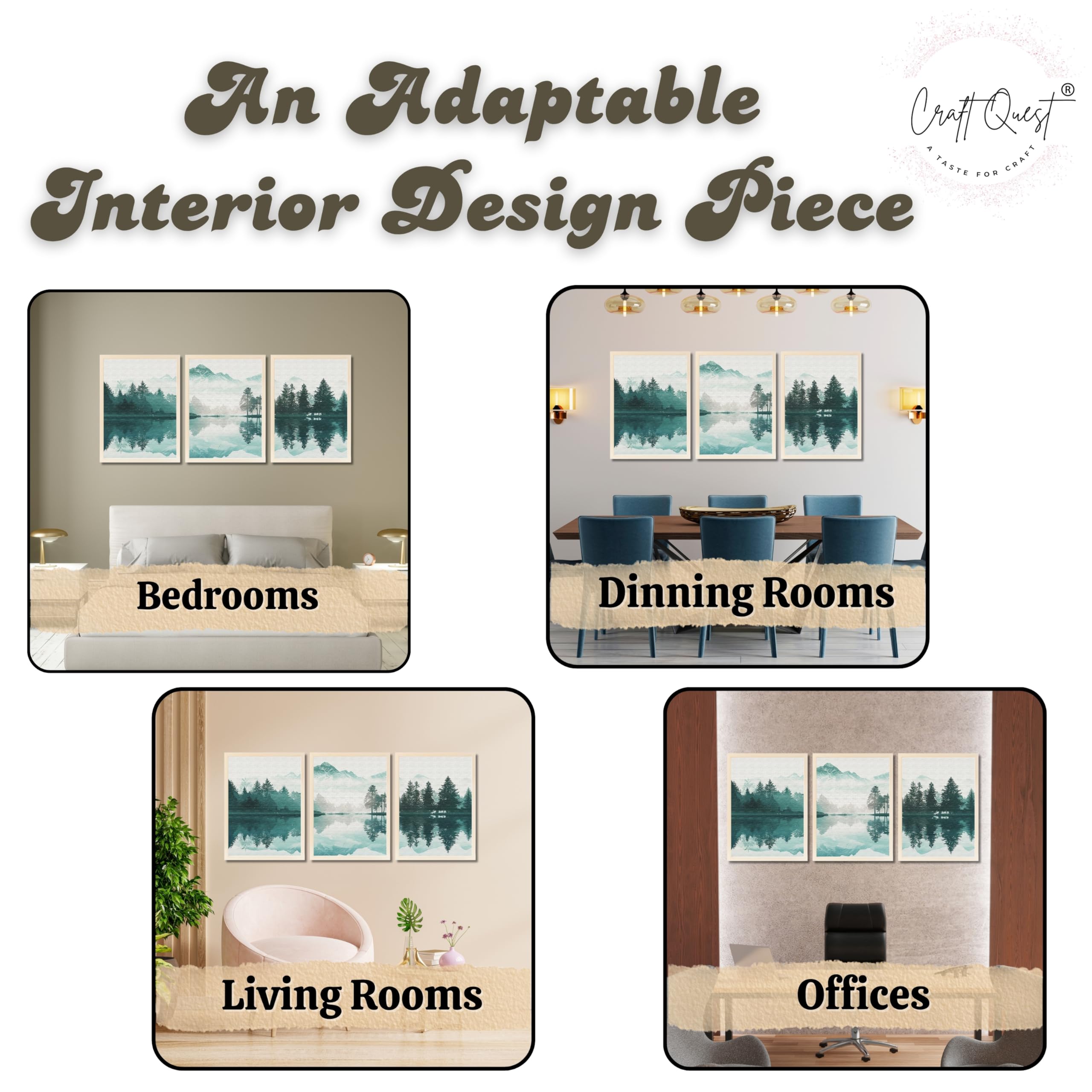 CRAFT QUEST Nature Inspired Series Paintings With Trees & Mountains Wall Art | Set of 3 Frames for Home Decoration | Ideal for Living Room, Bedroom & Offices