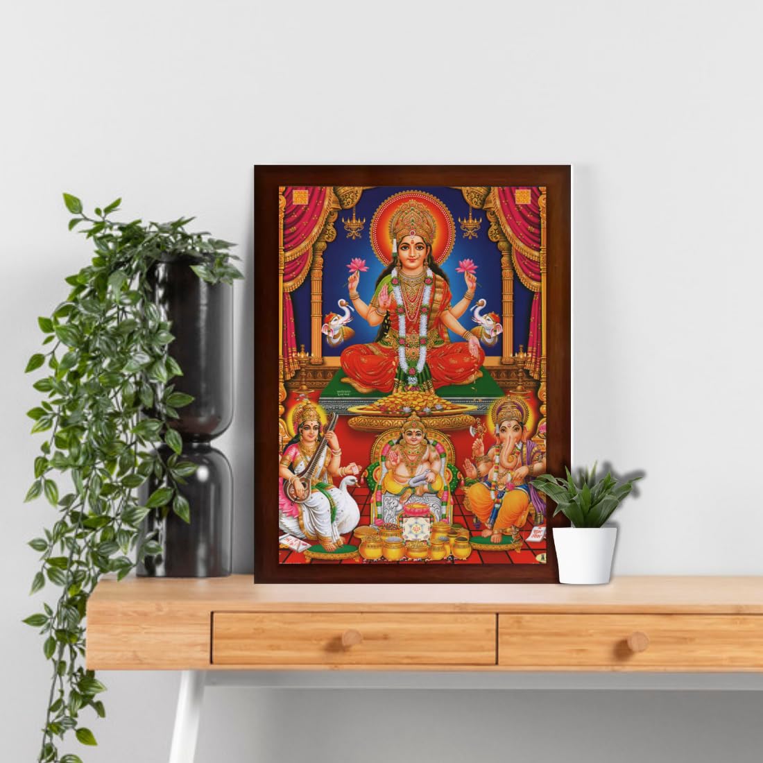 CRAFT QUEST Lakshmi mata Kuber dev with Ganesh ji and Saraswati maa Wall Painting Frame Home Decor