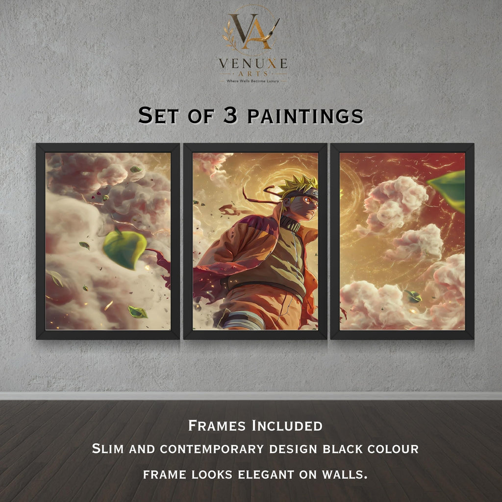 VENUXE ARTS Set Of 3 Anime Characters Wall Framed |Anime Characters Framed Poster for Living Room Bedroom Gaming Room Studio Wall Decor