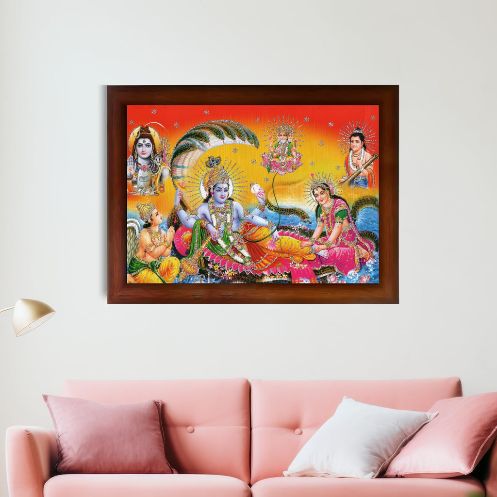 CRAFT QUEST Goddess Lakshmi pressing legs of lord Vishnu on Shesh naag, Glitter Work Painting wooden frame