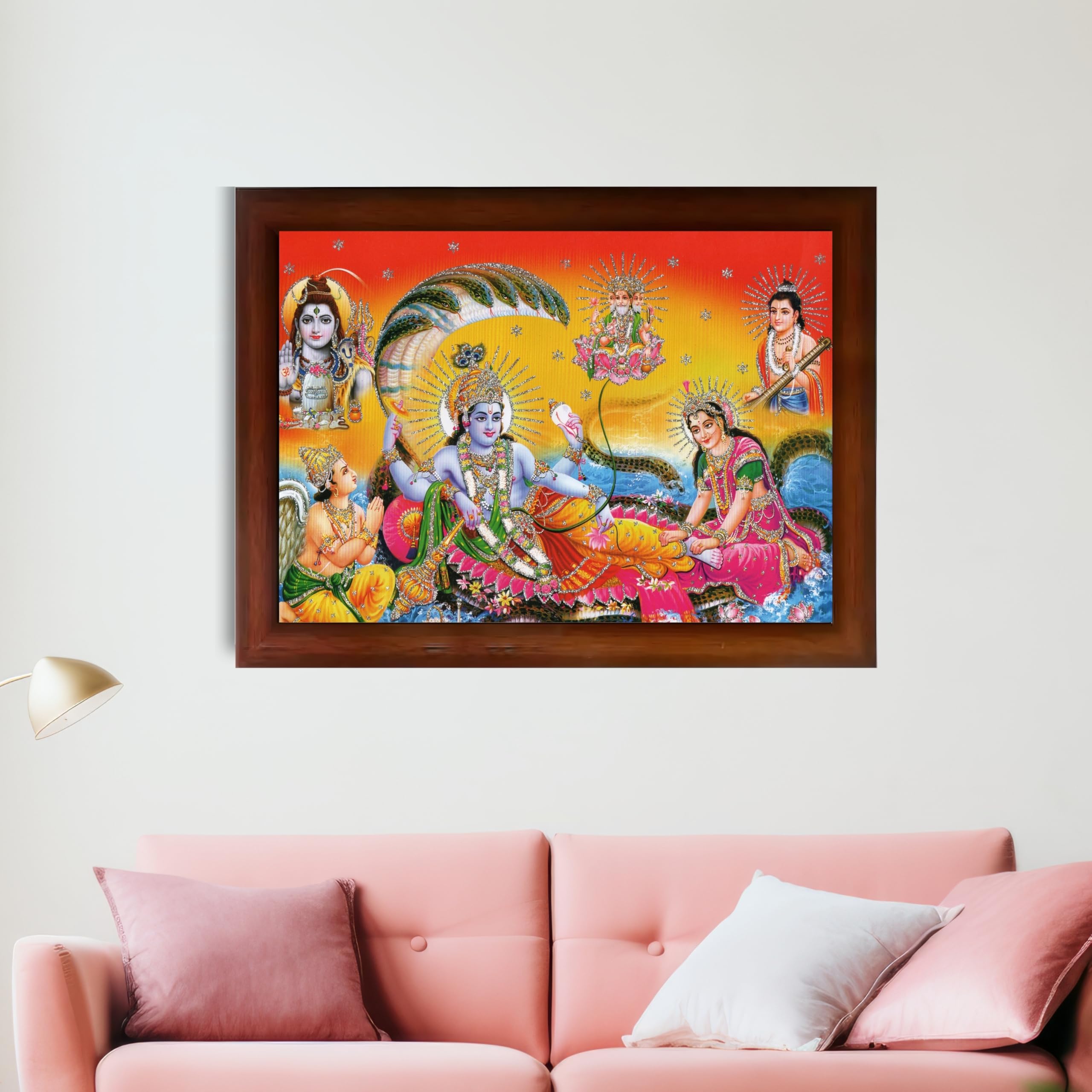 CRAFT QUEST Goddess Lakshmi pressing legs of lord Vishnu on Shesh naag, Glitter Work Painting wooden frame