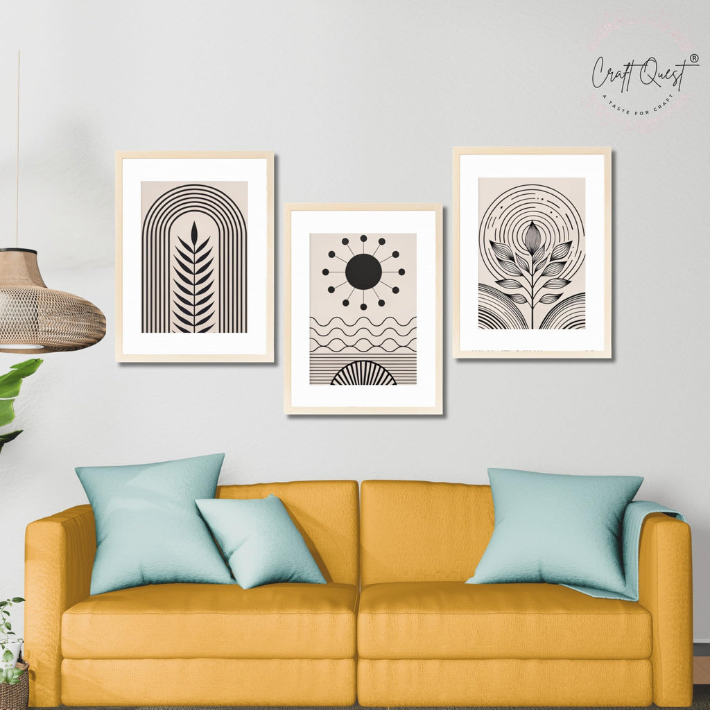 CRAFT QUEST Abstract Series Framed Paintings With Sun | Set of 3 Frames for Home Decoration | Ideal for Living Room, Bedroom & Offices