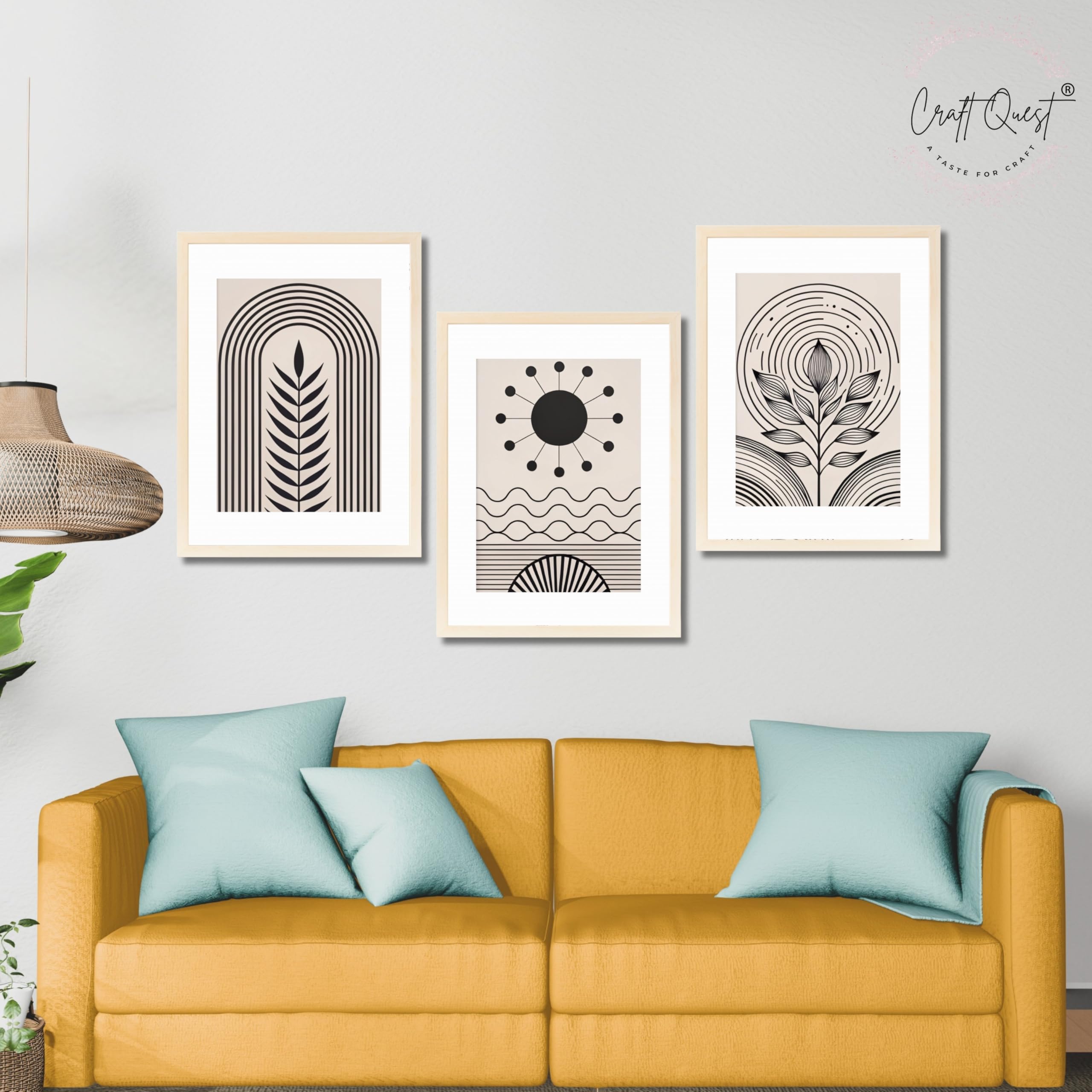 CRAFT QUEST Abstract Series Framed Paintings With Sun | Set of 3 Frames for Home Decoration | Ideal for Living Room, Bedroom & Offices