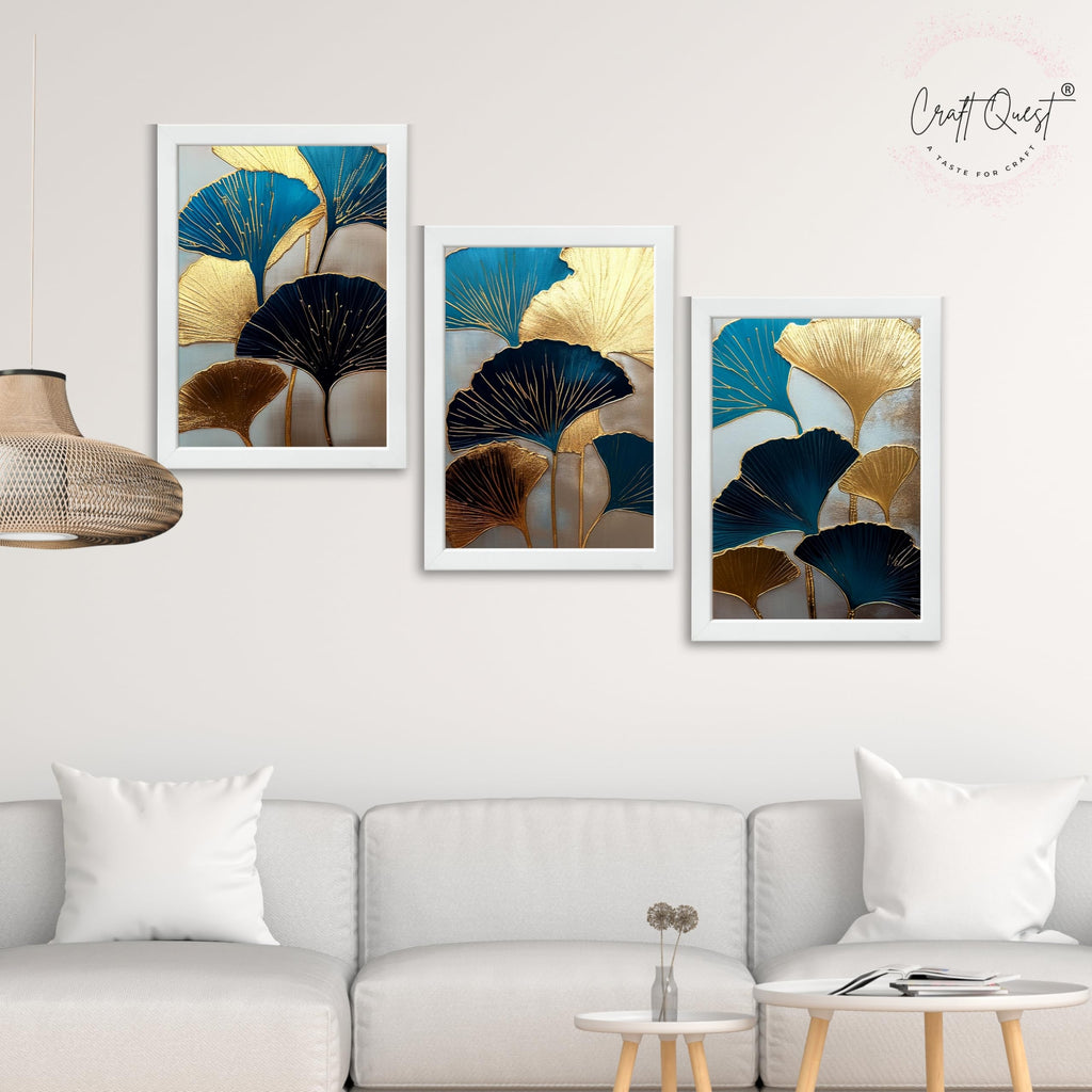 CRAFT QUEST Modern Art Abstract Aureate Geometry Wall Art | Set of 3 Frames for Home Decoration | Ideal for Living Room, Bedroom & Offices