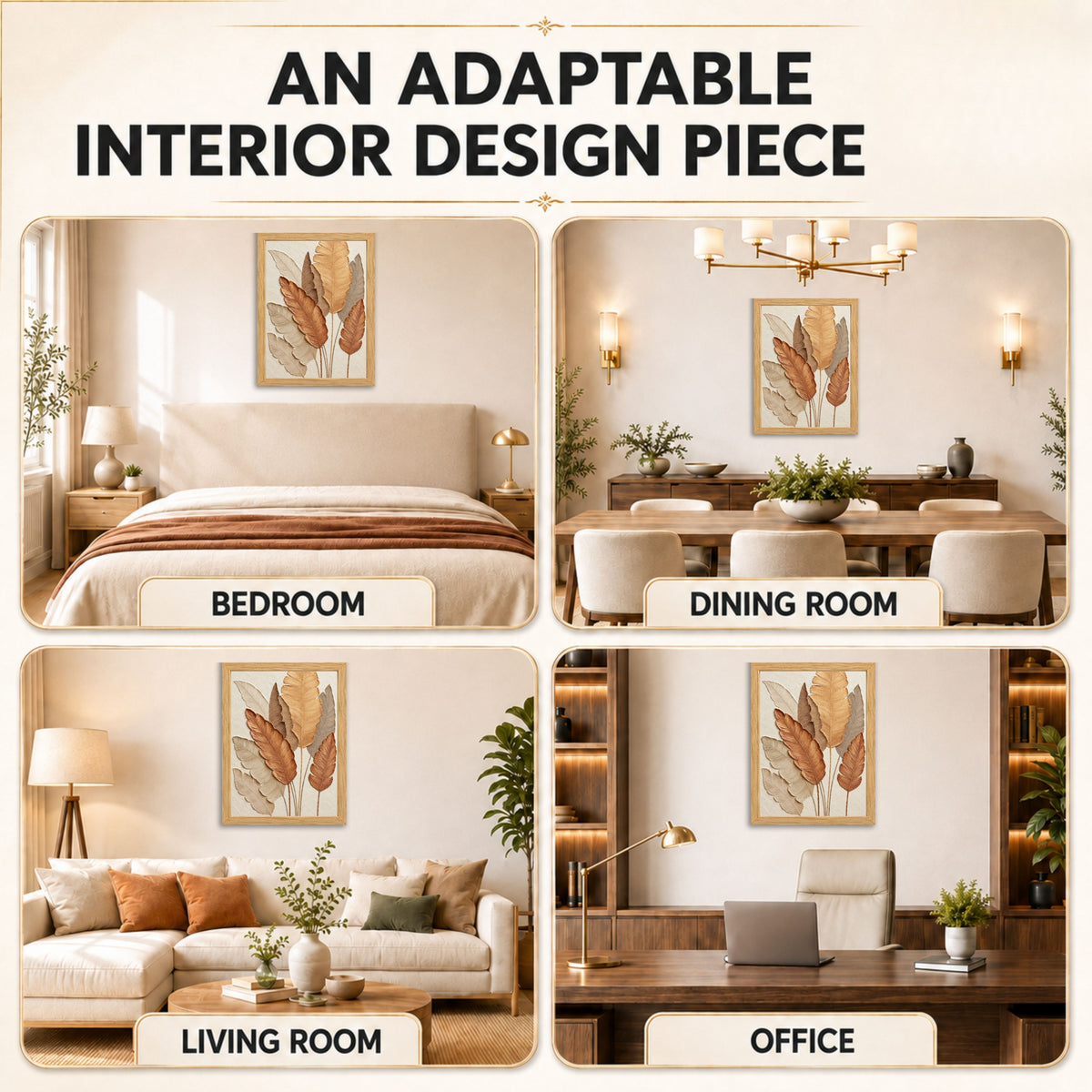3D Leaf Wall Art Painting for Living Room, Botanical Nature Wall Decor, Earthy Brown Beige Feather Leaf Artwork with Wooden Frame for Bedroom, Hallway & Office