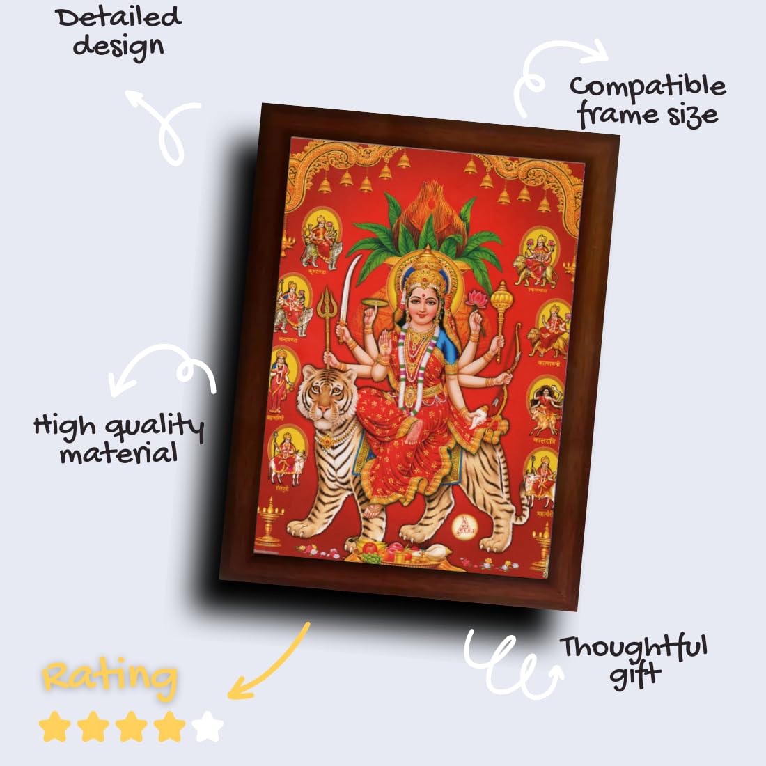 CRAFT QUEST Nav Durga mata photo with brown frame | God Religious Framed Painting (Large Size 14 X 10 Inches. Multicolour)