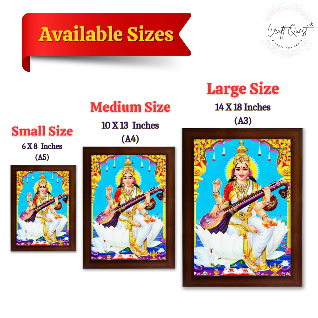 CRAFT QUEST Saraswati Devi Goddess Saraswathi Maa Wall Painting Sparkle Coated Framed Home Décor Synthetic wood Frame