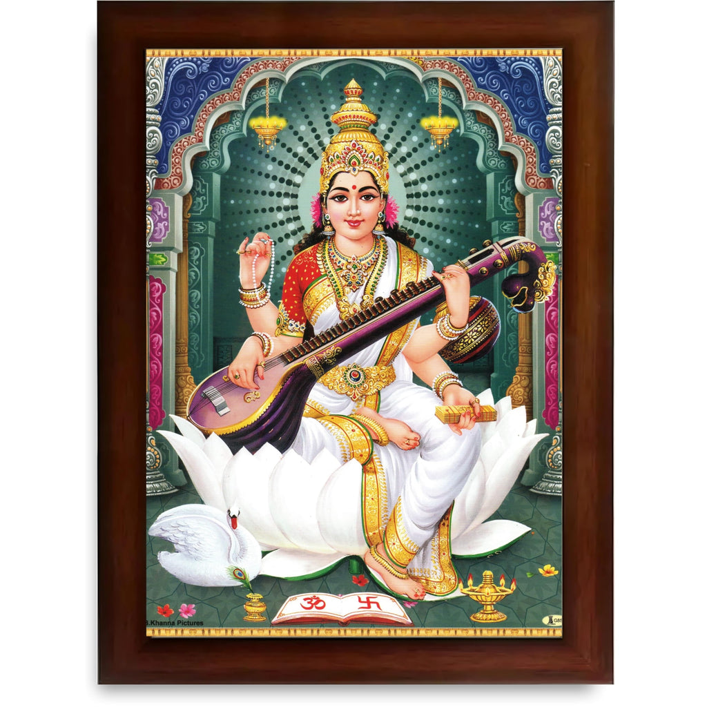 CRAFT QUEST Saraswati Devi Goddess Saraswathi Maa Wall Painting Sparkle Coated Framed Home Décor Synthetic wood