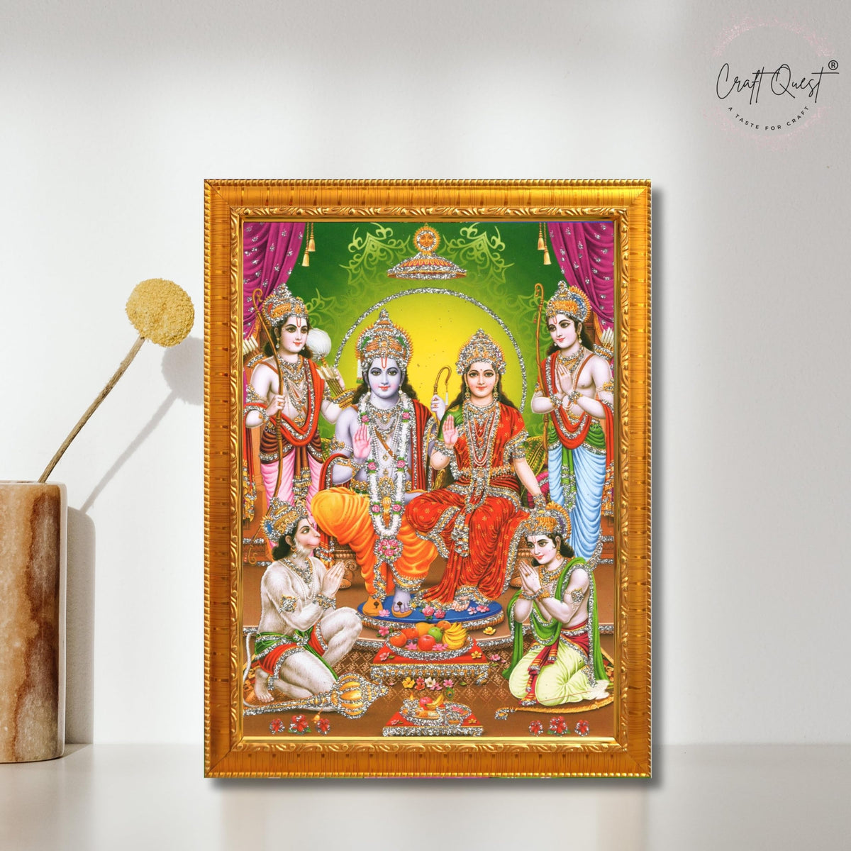 CRAFT QUEST Ram Darbar Lord Shri Rama Sita Parivar Family Wall Painting Framed Home and Pooja Decor