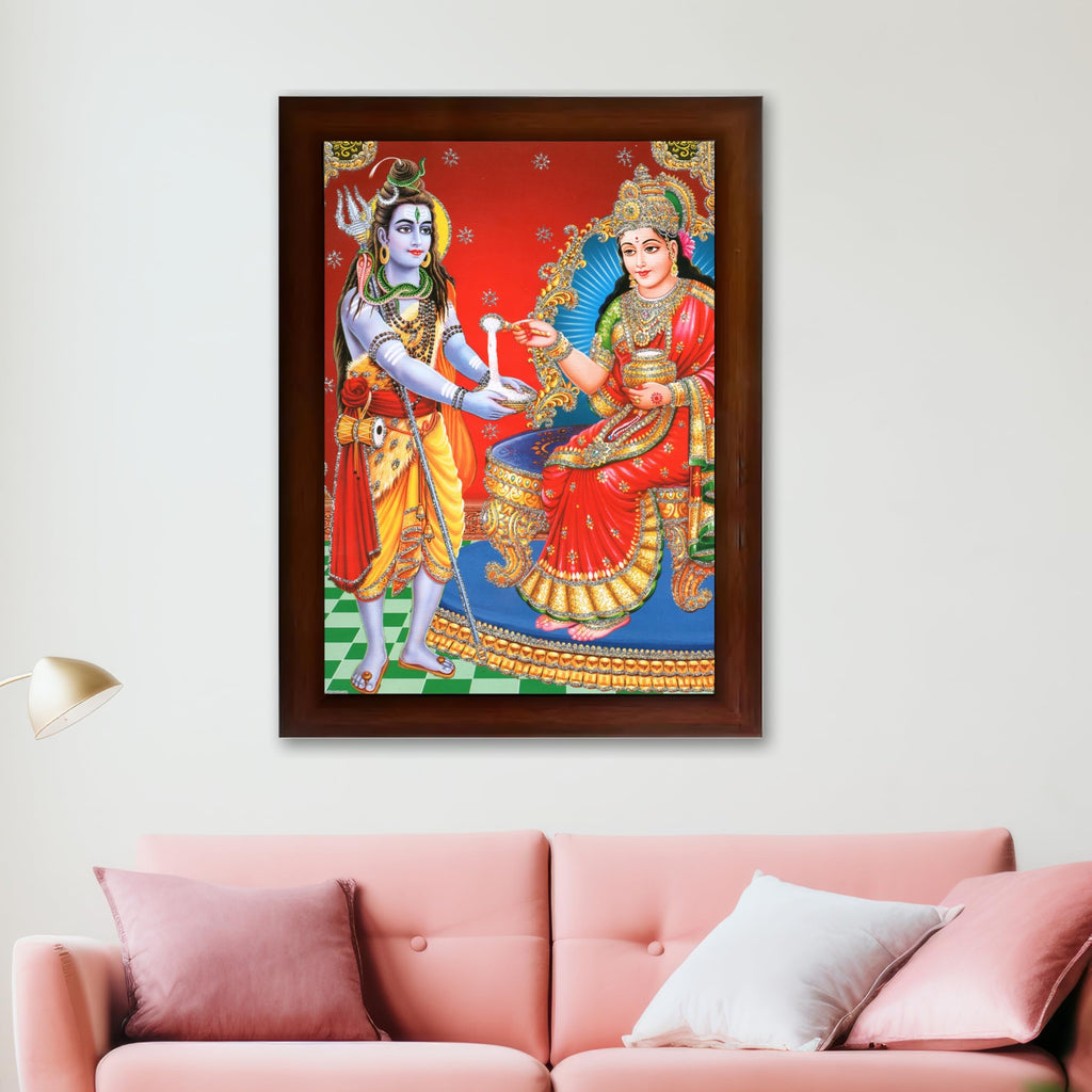 CRAFT QUEST Shiva & Maa Annapurna devi sitting on throne photo frame with Acrylic Glass for Kitchen, Restraunt