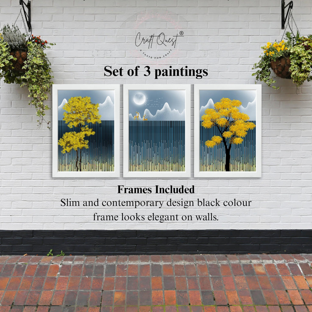 CRAFT QUEST Modern Abstract Blue Landscape Art | Set of 3 Frames for Home Decoration | Ideal for Living Room, Bedroom & Offices