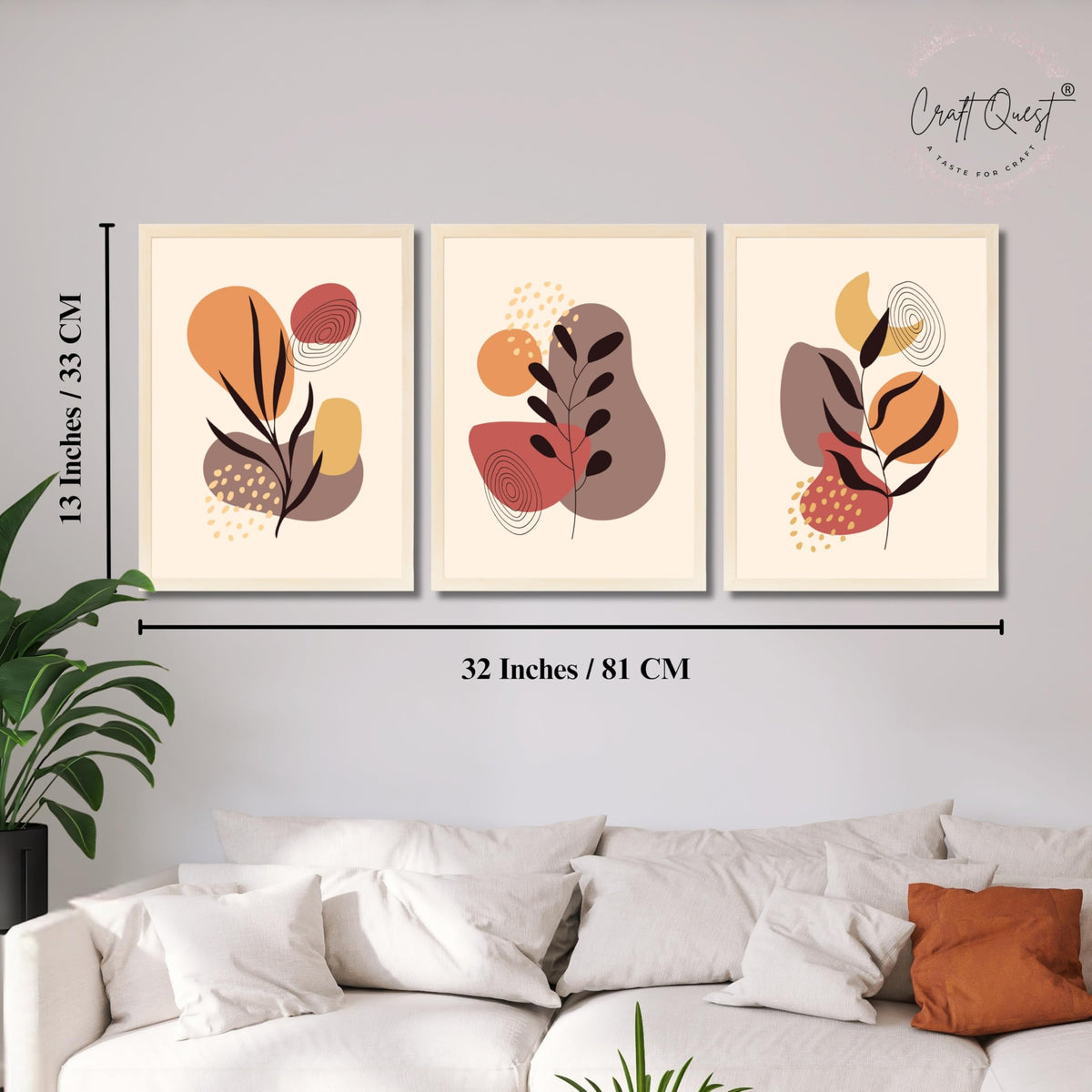 CRAFT QUEST Wall Art Decor Paintings | Set of 3 BOHO Wall Art Frames for Home Decoratio | Ideal for Living Room, Office & Bedrooms