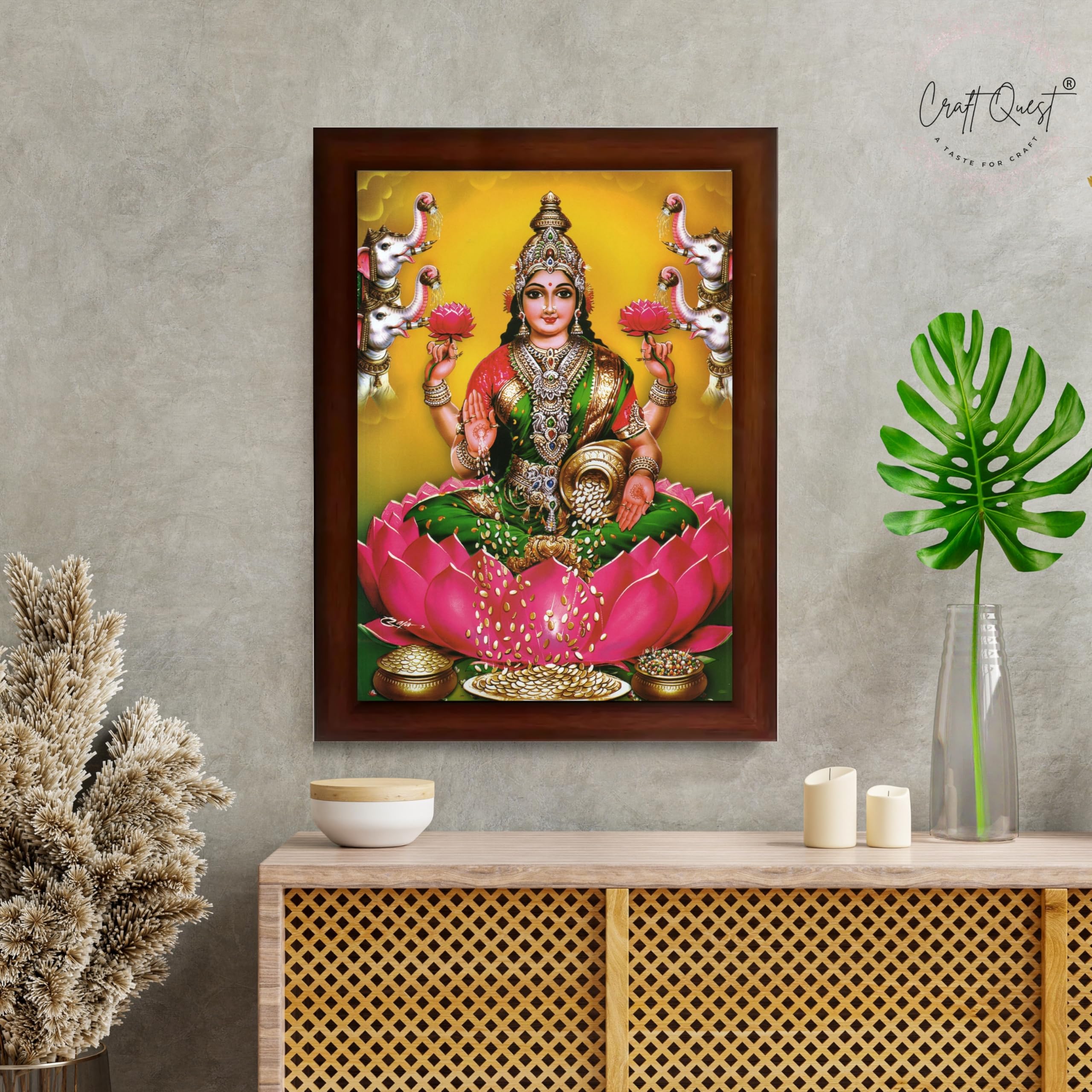 CRAFT QUEST Goddess Lakshmi Mata Devi Vaibhav Laxmi Maa Wall Painting Photo Framed | Ideal for Home, Office, Temple & Puja Room, Wall Decor