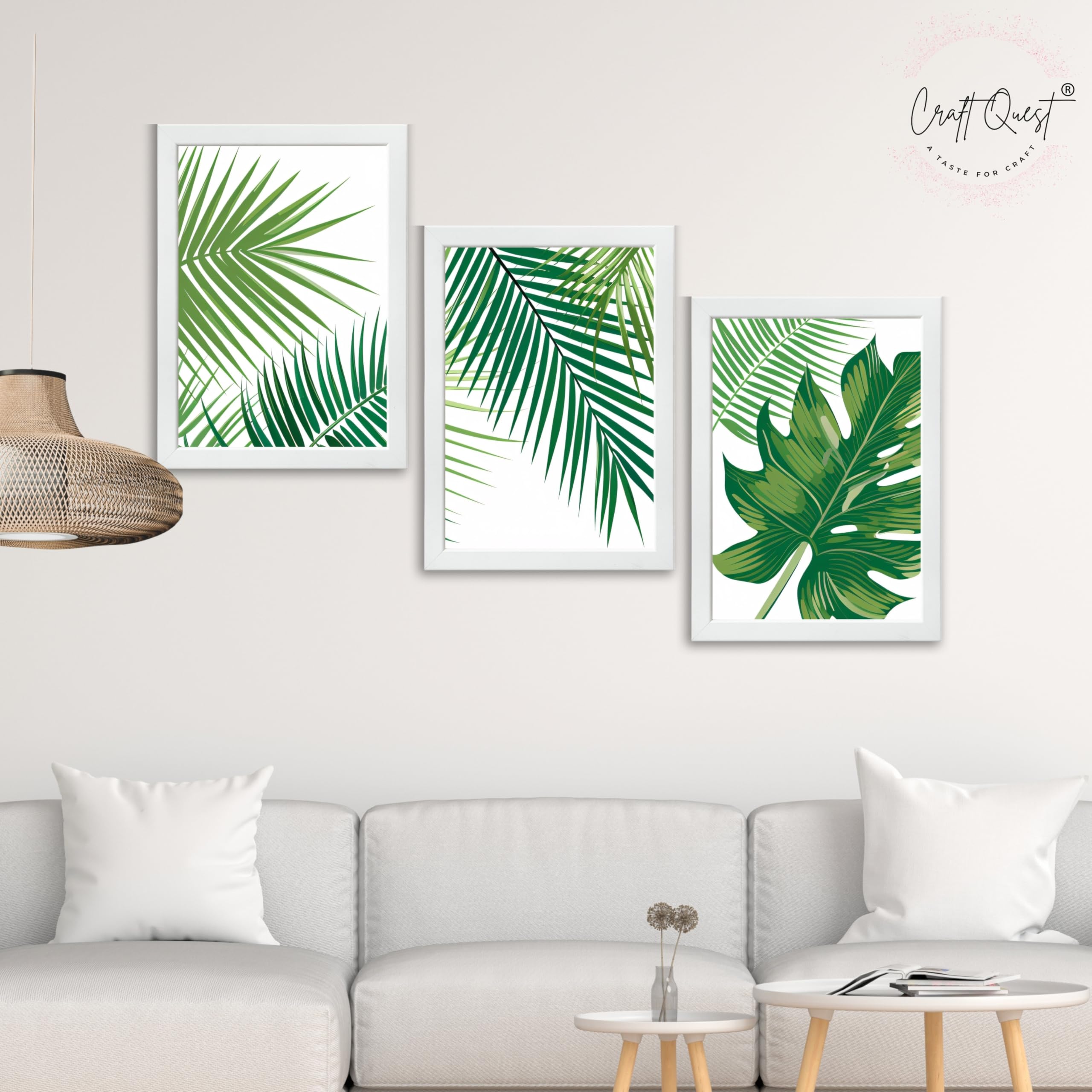 CRAFT QUEST Nature Inspired Tropical Palm Leaf Modern Wall Art | Set of 3 Frames for Home Decoration | Ideal for Living Room, Bedroom & Offices