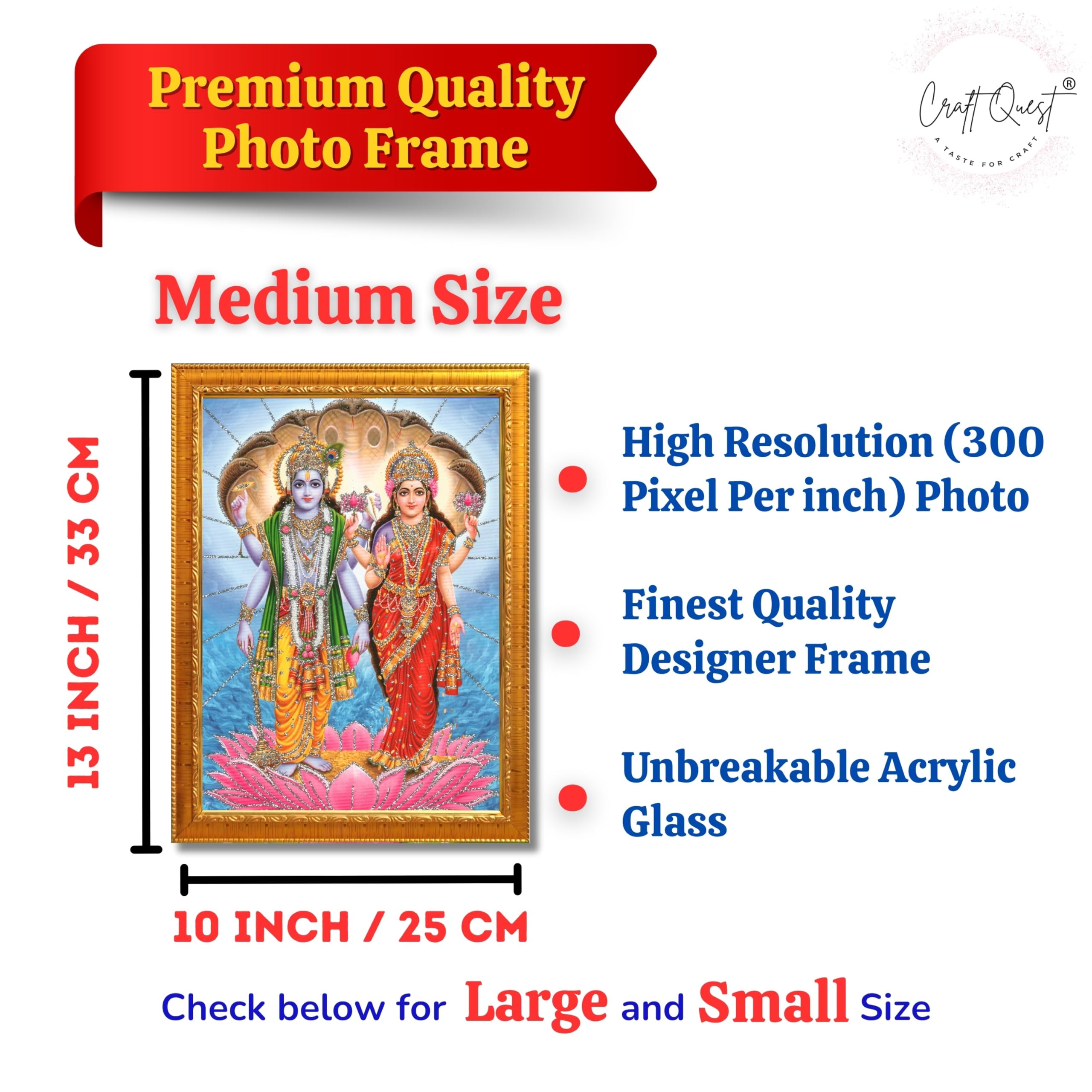 CRAFT QUEST Lord Vishnu Dev Lakshmi Devi Laxmi Narayan Ji Wall Painting Framed Home Decor, Religious Photo Frame