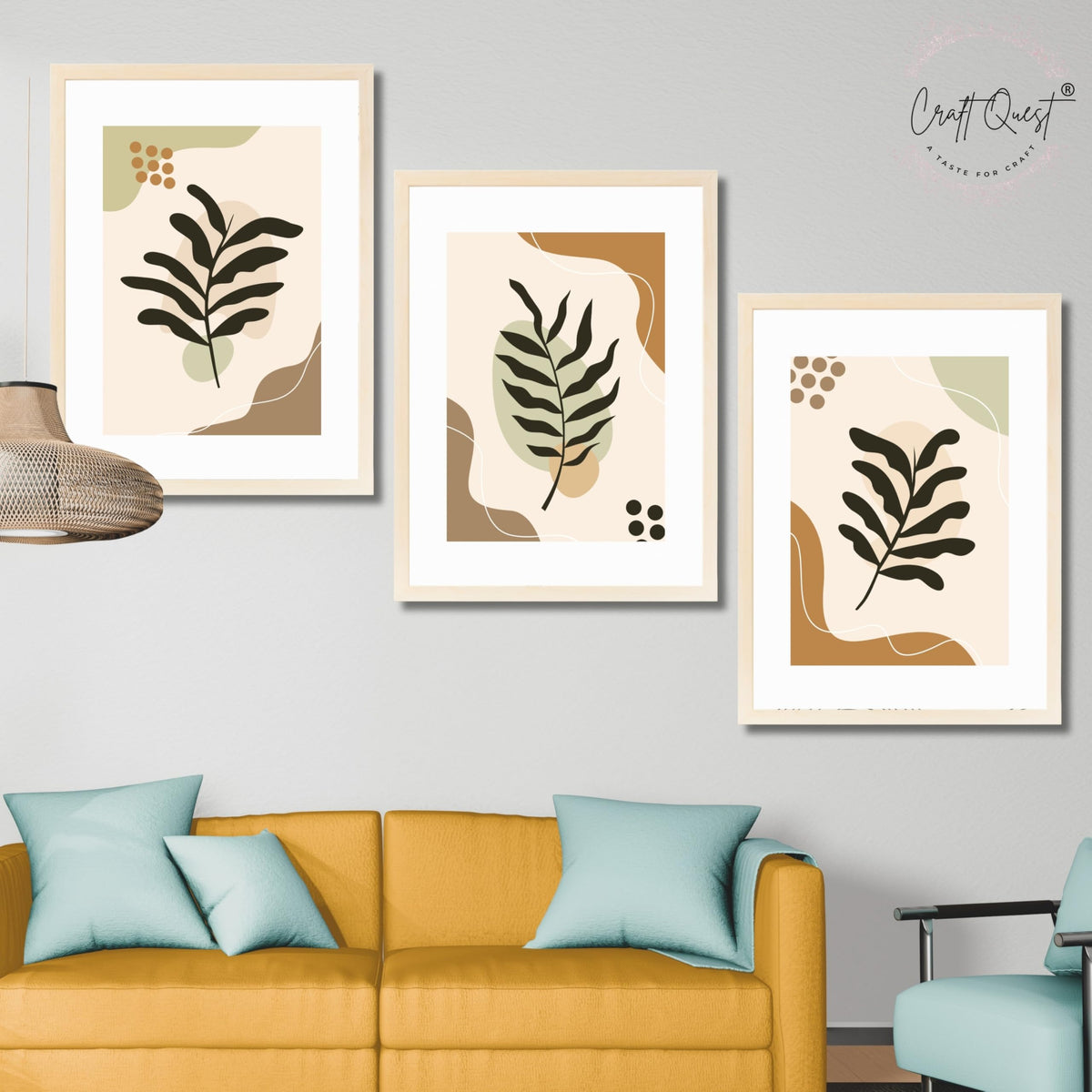 CRAFT QUEST Wall Art Decor Paintings | Set of 3 BOHO Wall Art Frames for Home Decoratio | Ideal for Living Room, Offices & Bedroom