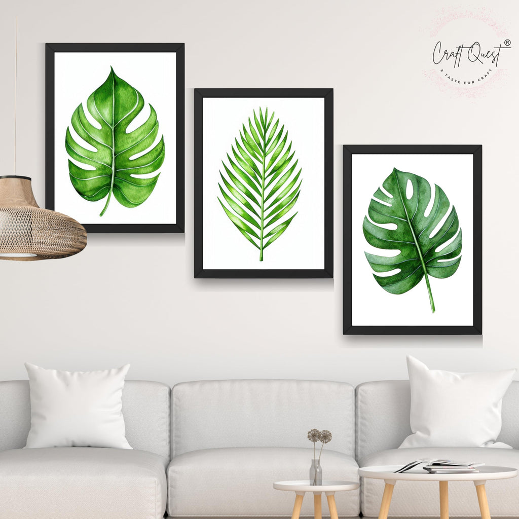 CRAFT QUEST Nature Inspired Exotic Leaves Modern Wall Art | Set of 3 Frames for Home Decoration | Ideal for Living Room, Bedroom & Offices