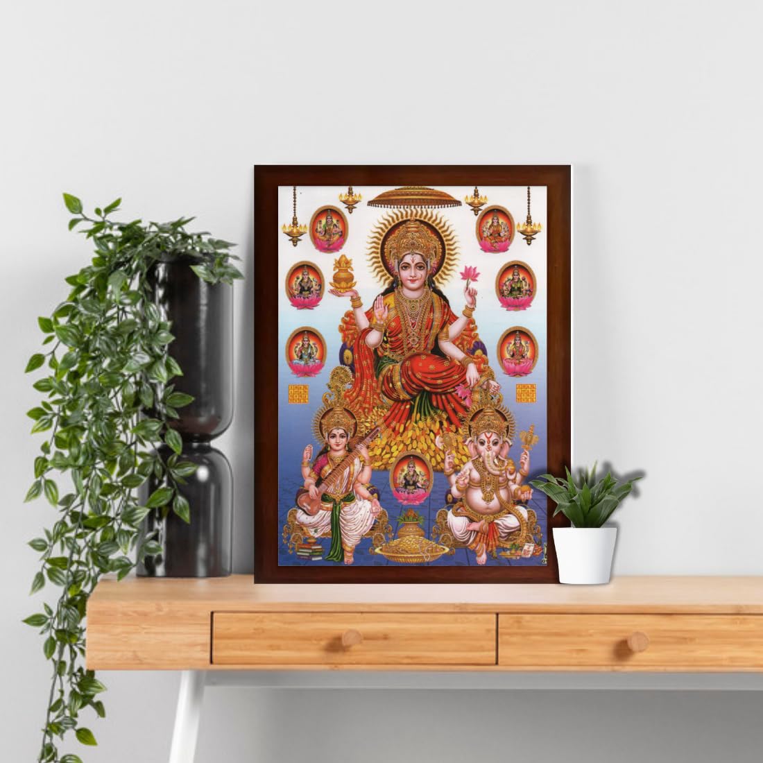 CRAFT QUEST Goddess Lakshmi ganesh saraswati Wall Painting Frame Home Decor (Synthetic, Matte Finish, Brown, Large Size, 14 X 10 Inch)
