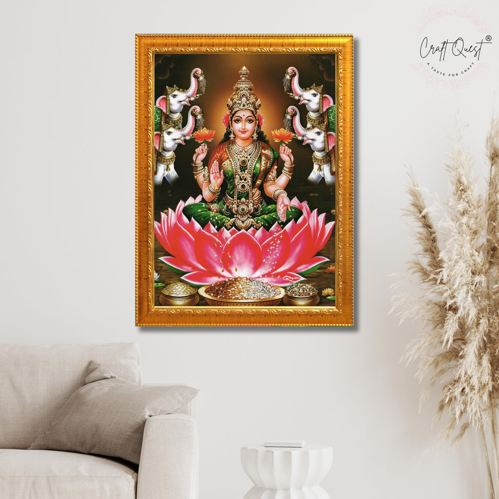 CRAFT QUEST Goddess Lakshmi Devi Vaibhav Laxmi Maa Wall Painting Photo Framed | Ideal for Home, Office, Temple & Puja Room, Wall Decor