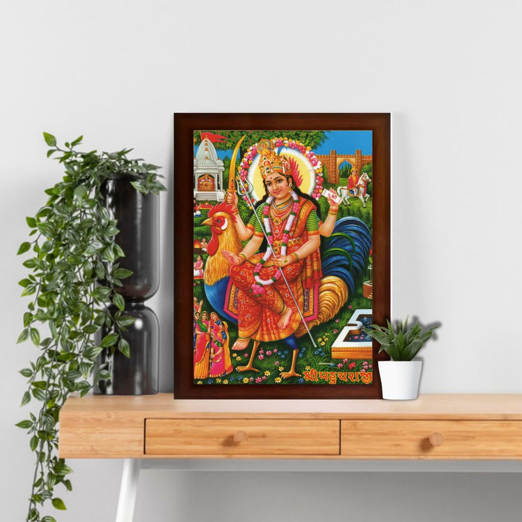 CRAFT QUEST Bahuchra Mata photo with brown frame, God Religious Framed Painting (Large Size 14 X 10 Inches. Multicolour)