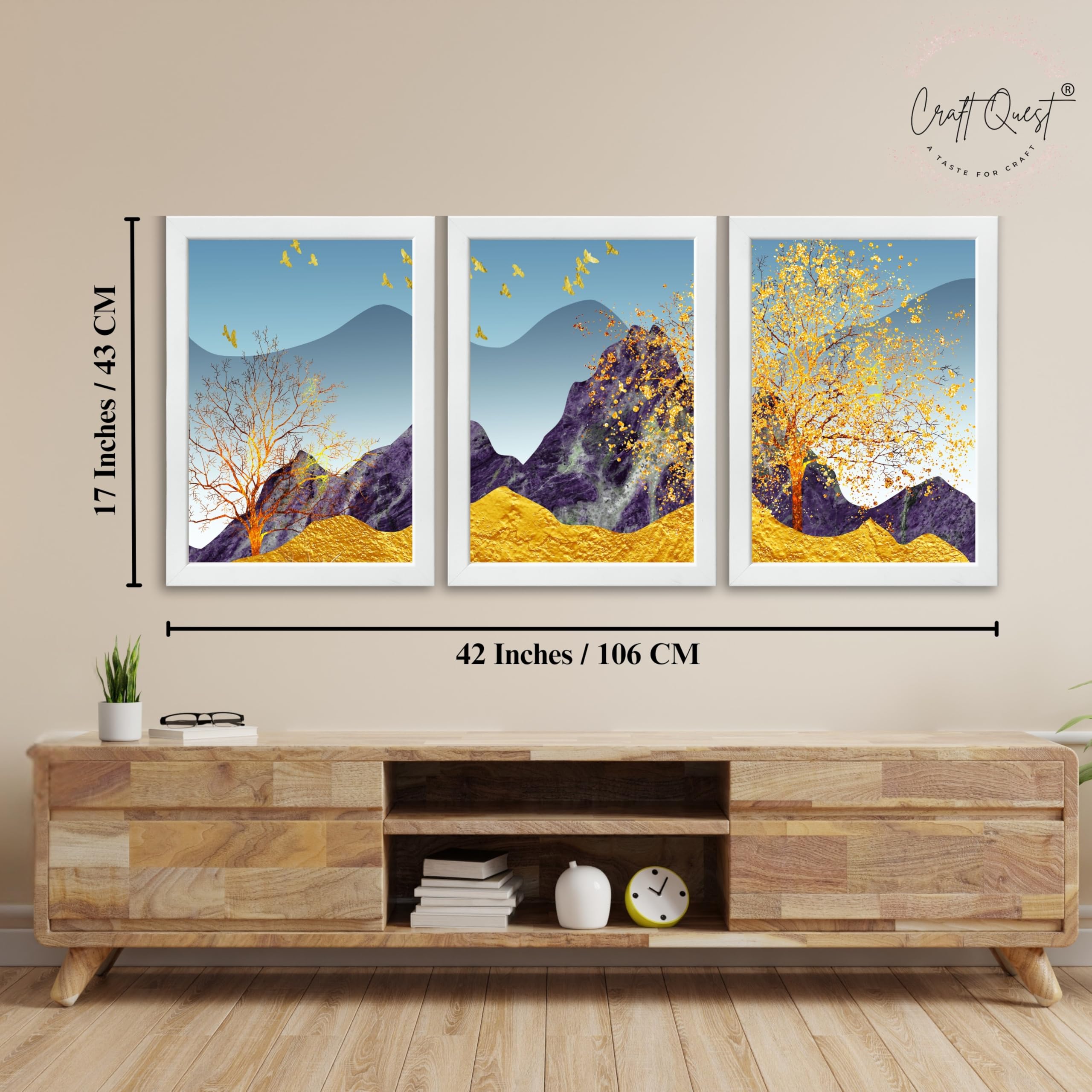 CRAFT QUEST Modern Art Abstract Porch Golden Trees Wall Art | Set of 3 Frames for Home Decoration | Ideal for Living Room, Bedroom & Offices