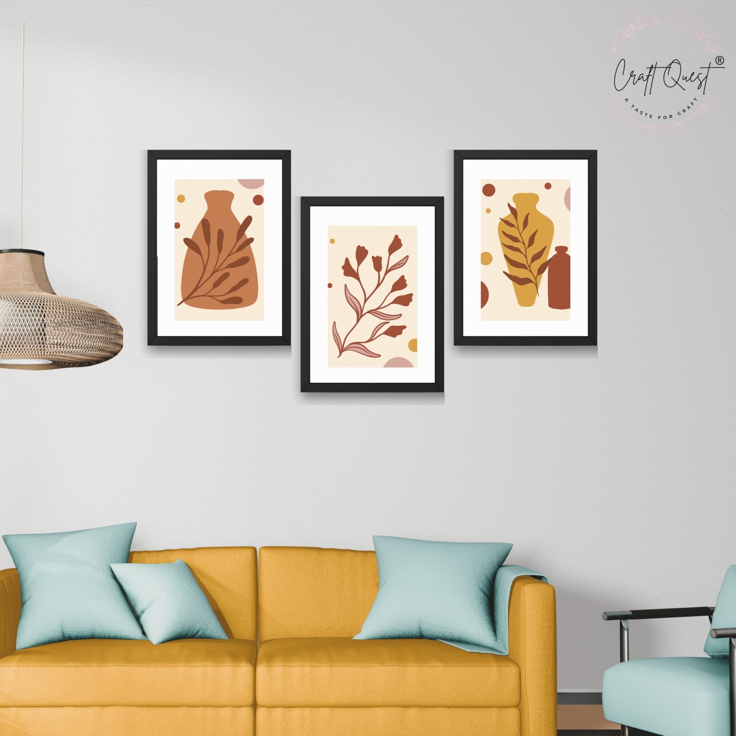 CRAFT QUEST Wall Art Decor Paintings | Set of 3 BOHO Wall Art Frames for Home Decoratio | Ideal for Living Room, Office & Bedrooms