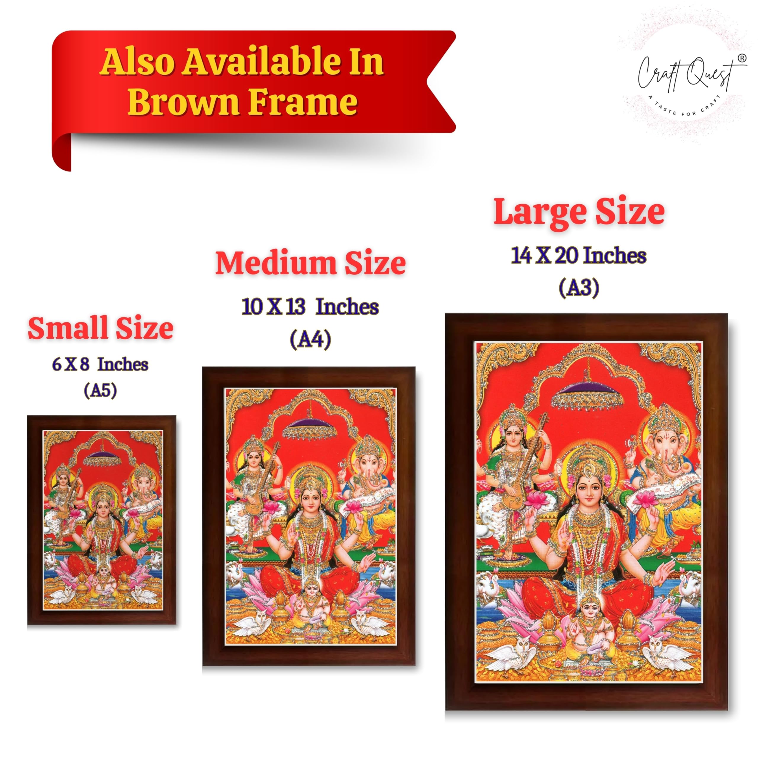 CRAFT QUEST Lord Laxmi Ganesh Saraswati Religious God Hindu Photo Frame for Diwali,Wall, Office, Temple, Pooja, Living Room Home and Decor Item