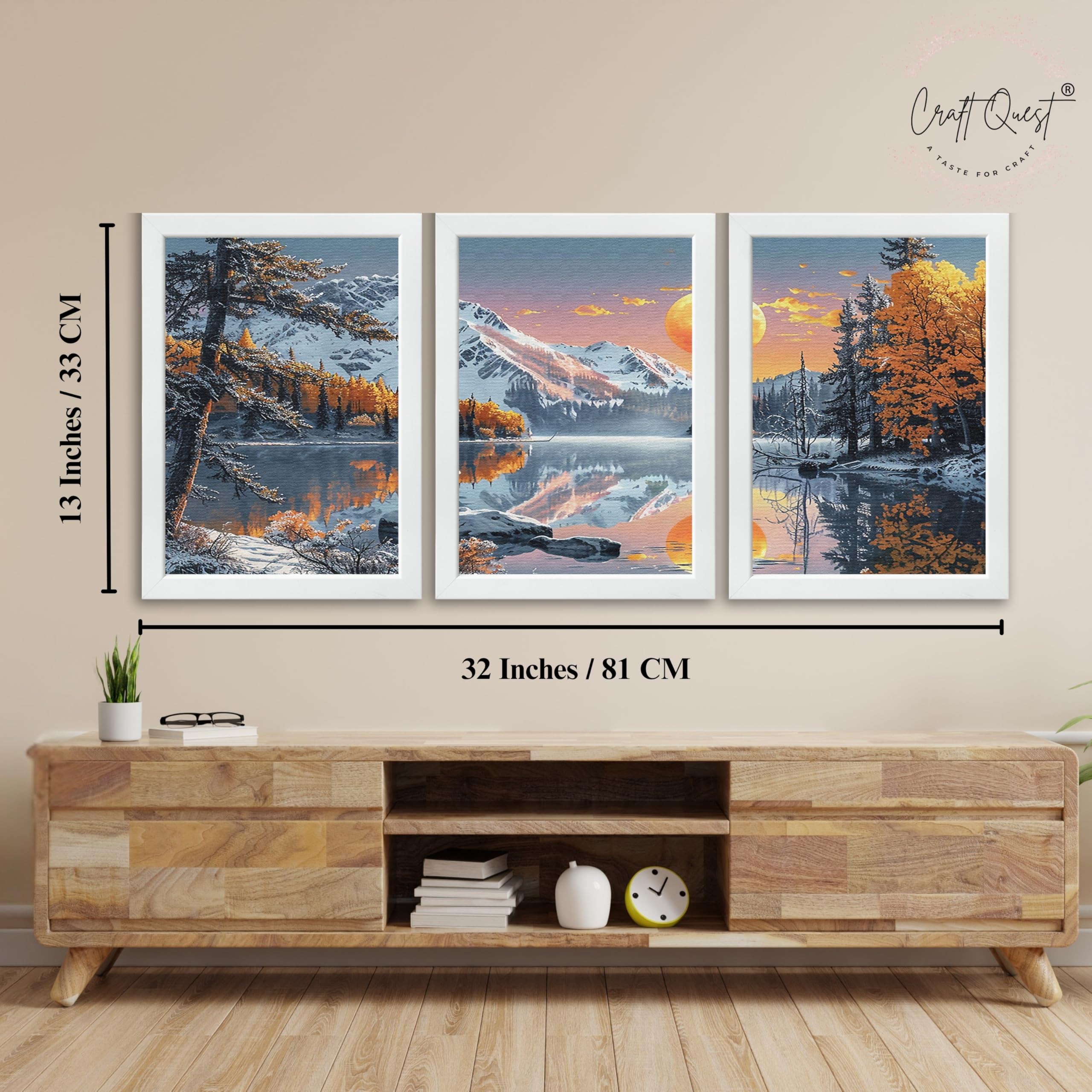 CRAFT QUEST Modern Art Paintings With Lake & Mountains Wall Art | Set of 3 Frames for Home Decoration | Ideal for Living Room, Bedroom & Offices