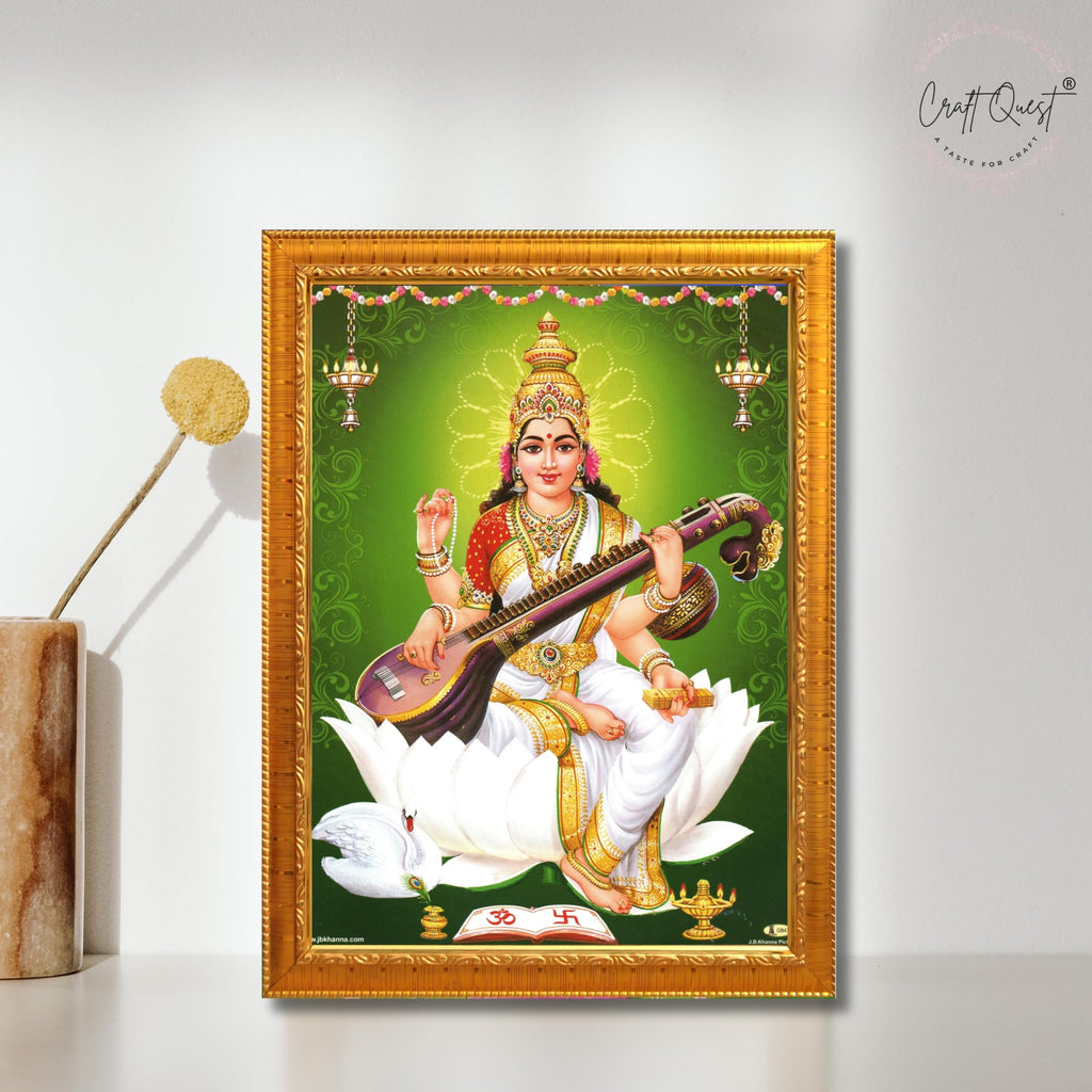 CRAFT QUEST Saraswati Devi Goddess Saraswathi Maa Wall Painting Sparkle Coated Framed Home Décor
