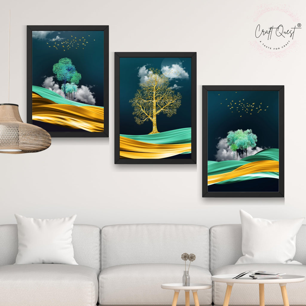 CRAFT QUEST Modern Art Mural With Golden Tree & Birds Wall Art | Set of 3 Frames for Home Decoration | Ideal for Living Room, Bedroom & Offices
