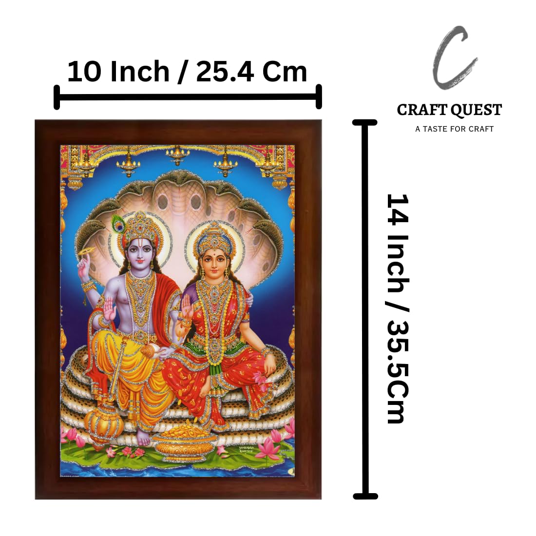 Craft Quest Lord Vishnu and Goddess Lakshmi Giving Blessing on Shesh naag, Glitter Work Painting with Plane Brown Frame (14 X 10 Inches, Brown Wood)