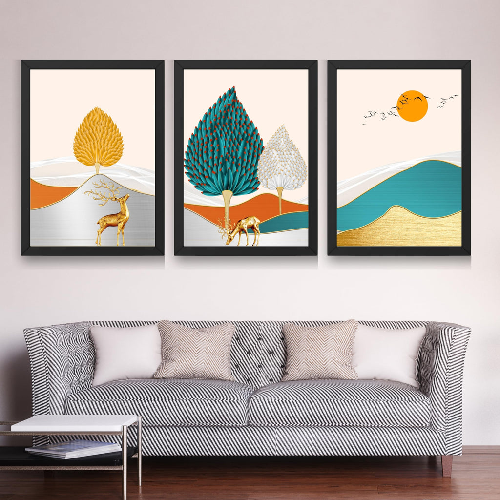 CRAFT QUEST Modern Art Landscapes Sanlian Adornment Abstract Wall Art | Set of 3 Frames for Home Decoration | Ideal for Living Room, Bedroom & Offices