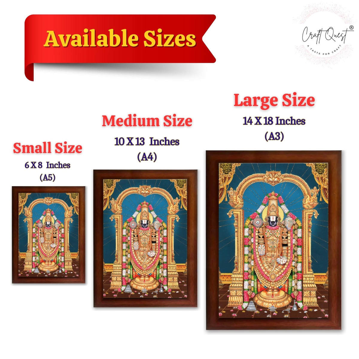 CRAFT QUEST Lord Tirupati Balaji Lakshmi Venkateshwara Swamy Wall Painting Framed Home Room Decor